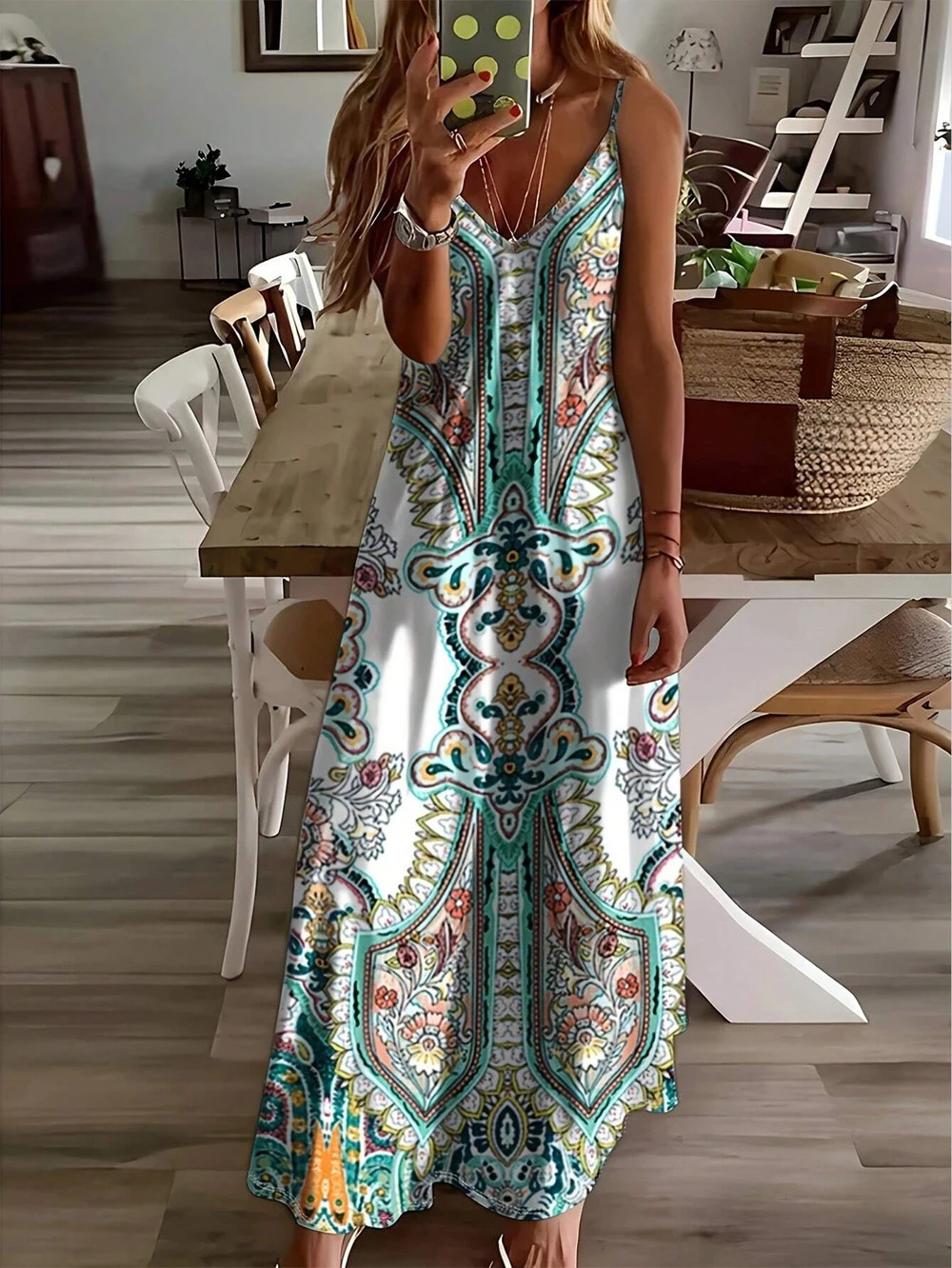 Summer womens printed camisole dress long adjustable waistband side pockets stylish and elegant suitable for beach vacations 250324