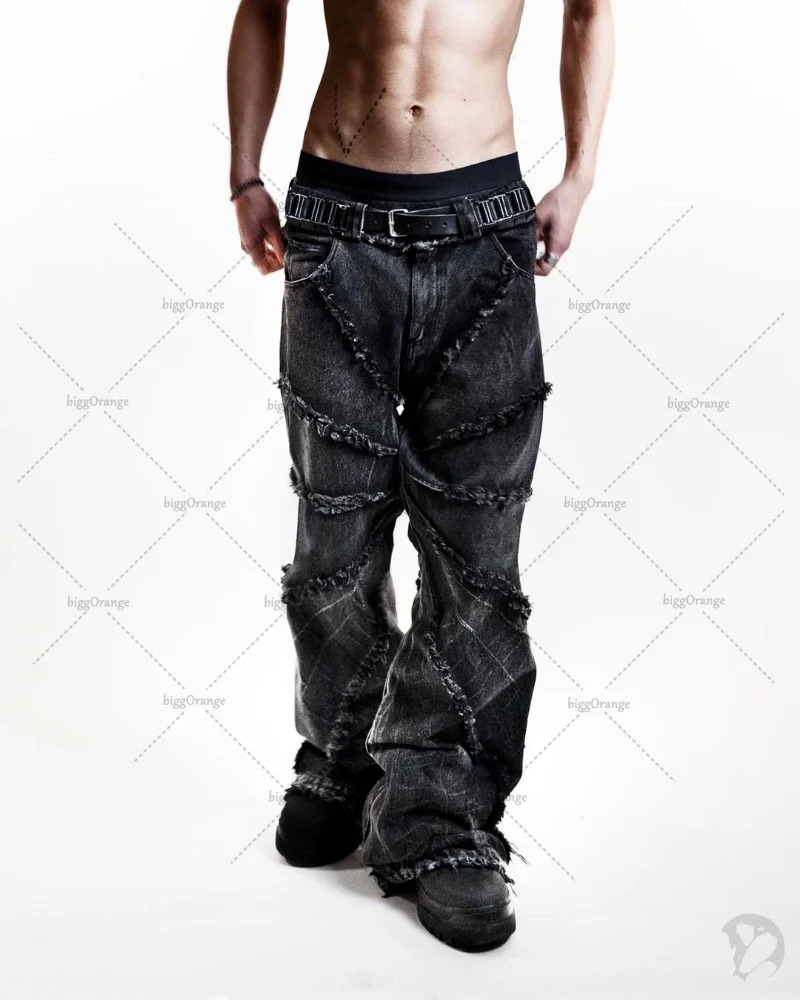 Y2K Punk Black American Street Rock Retro High Waist Oversized Jeans Men Raw Edge Washed Straight Wide Leg Trousers Men 250317