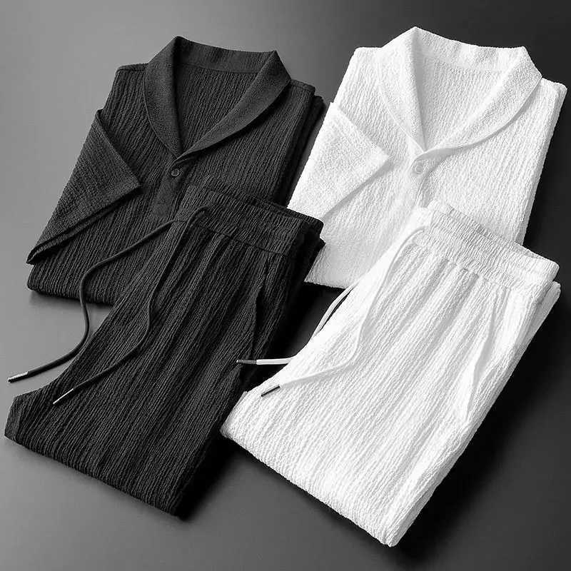 Mens pleated ice silk T-shirt short sleeved sportswear pants a lightweight summer outfitXJ250326