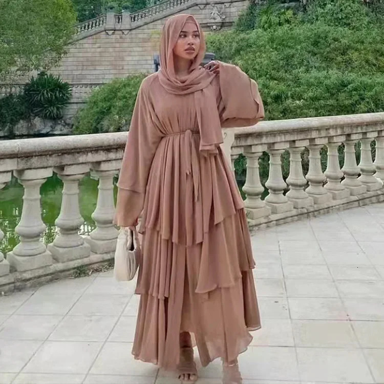 Muslim open kimono 3layer Abayas womens chiffon dress Ka cardigan wool Arab gown Islamic clothing Caftan Marocain 250326