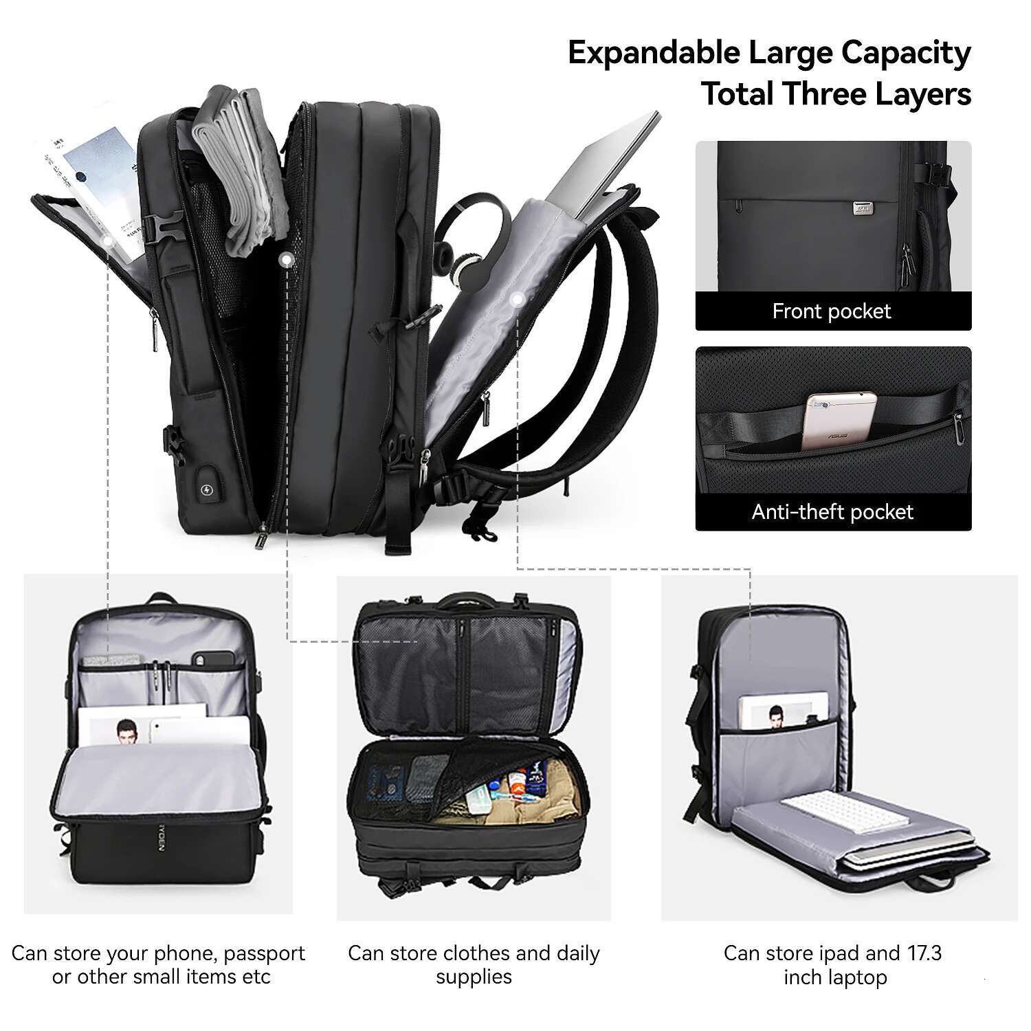 MARK RYDEN Large Backpack Rucksack 40L Expandable Business Travel Bag For Men Fits In 17 Inch Laptop