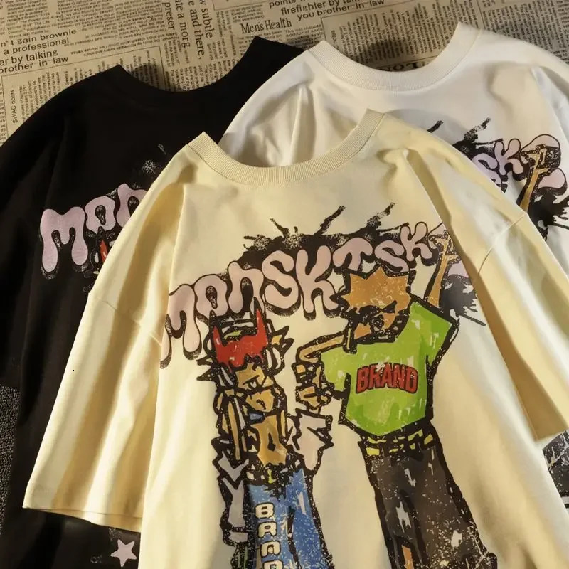 Fashionable American Street Cartoon Printed Tshirt for Men and Women Summer Y2K Hip Hop Loose Cotton Half Sleeve Top 250318