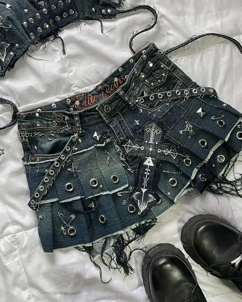 American New Fashion Cross Embroidery Patch Short Suit Female Y2k Haruku Style Popular Sexy Spice Slim Denim Skirt Streetwear