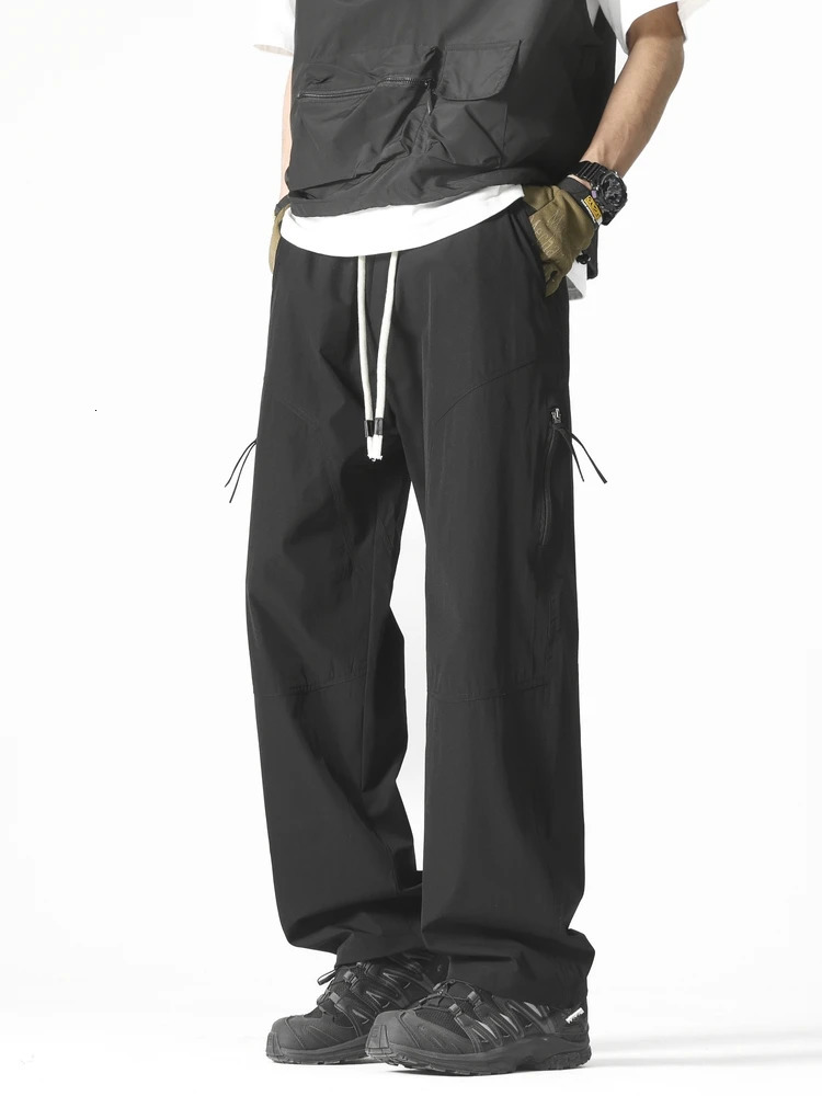 Summer mens casual pants Korean fashion outdoor zipper pocket wide leg straight three person walk loose and lightweight sports 250327