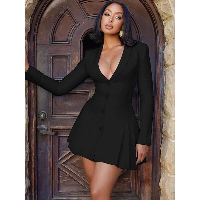 Dongdumaoyi New Solid Color Sexy Deepvblazer Collar Cardigan Mature Style Short Ruffle Women S Dress