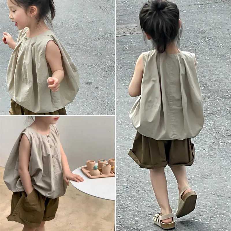 Girls clothing set sleeveless single chest pumpkin jacket+curly shorts 2024 summer new childrens set baby clothingT250327