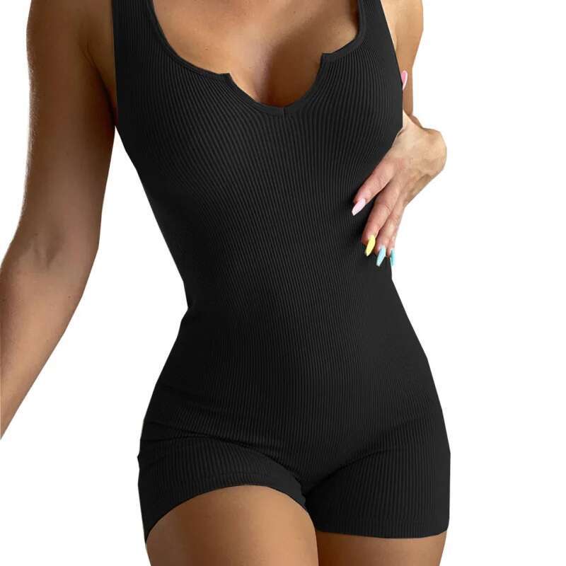 Dongdumaoyi Dames Nieuwe Lente Zomer Effen Kleur Geribbelde Kleine V Hals Slim Fit Casual Jumpsuit