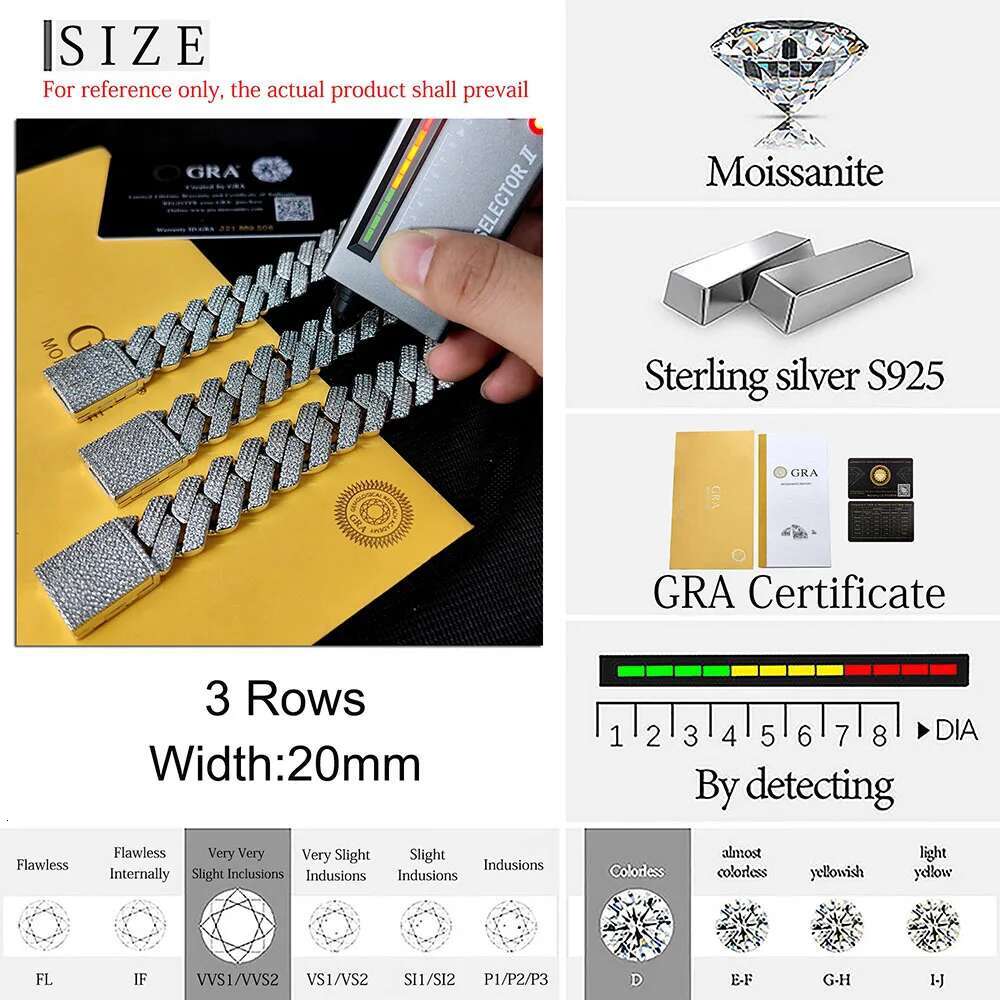 20mm Iced Cuban Link Chain Customized Luxury Miami Hip Hop Mens Cuban 925 Sterling Silver Moissanite Necklace Jewelry