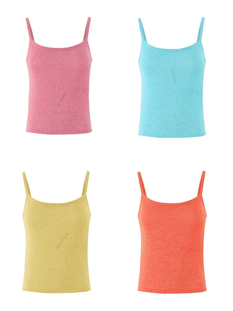 Fashionable pink Sparkly spaghetti shoulder strap vest top 2025 summer womens knitted sleeveless vacation K31 250326