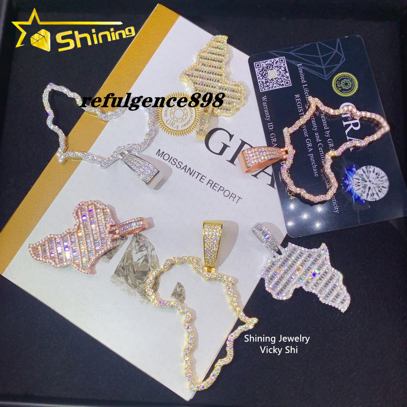 Pass Diamond Tester Iced Out 925 Sterling Silver VVS Moissanite Diamond Map Pendant Custom Moissaite Pendant Hiphop Jewelry