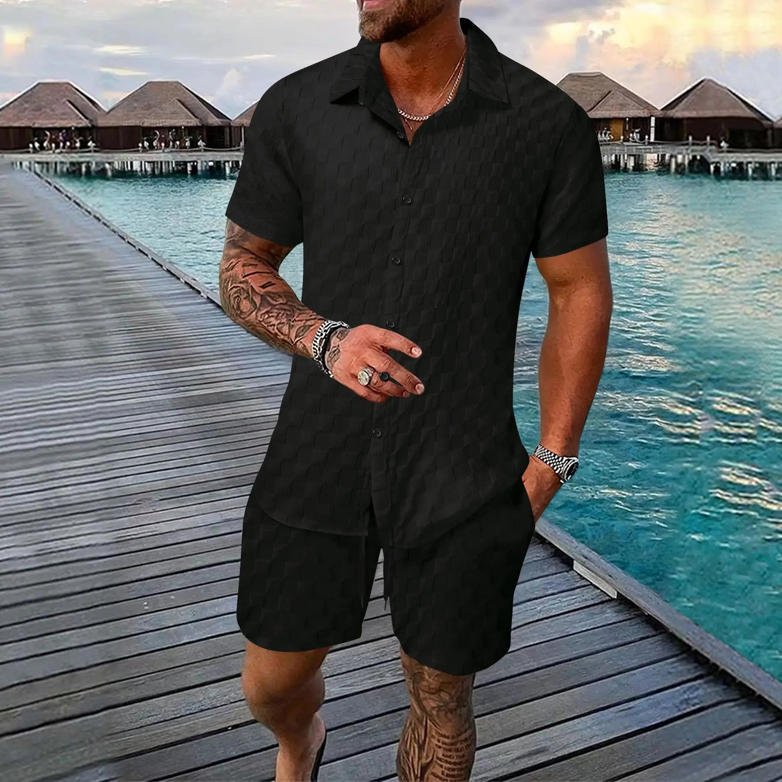 Summer Mens Fashion Beach Set Outdoor Sports and Leisure Shirt Solid Color Checkered Short Sleeve Shorts Two Piece 250327