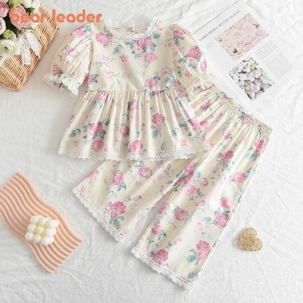 Bear Leader Girls Set 2023 Summer Korean Edition Short Sleeve Bubble Sleeve+Wide Leg Pants Girls SetT250327