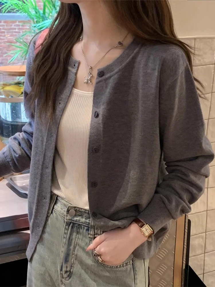 Womens cardigan wool sweater casual spring warm summer Oneck long sleeved single chest ultrathin fashion Korean knitted top 250326