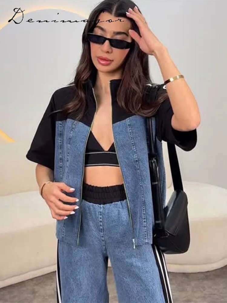 Striped Short Sleeved Pants Sets Women Patchwork Lapel Zipper Jacket Elastic Waist Straight Trouser Summer Casual Lady Suit