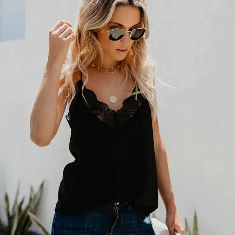 Womens elegant vest top tube silk satin plain weave shoulder strap sleeveless shirt French tuning exquisite lace 250326