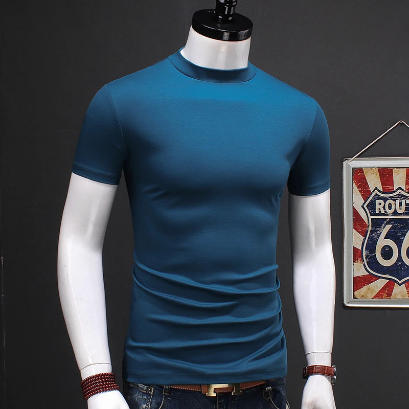 Summer mens turtle neck short sleeved Tshirt dual commodity cotton ultrathin fit fashionable pure black 250327
