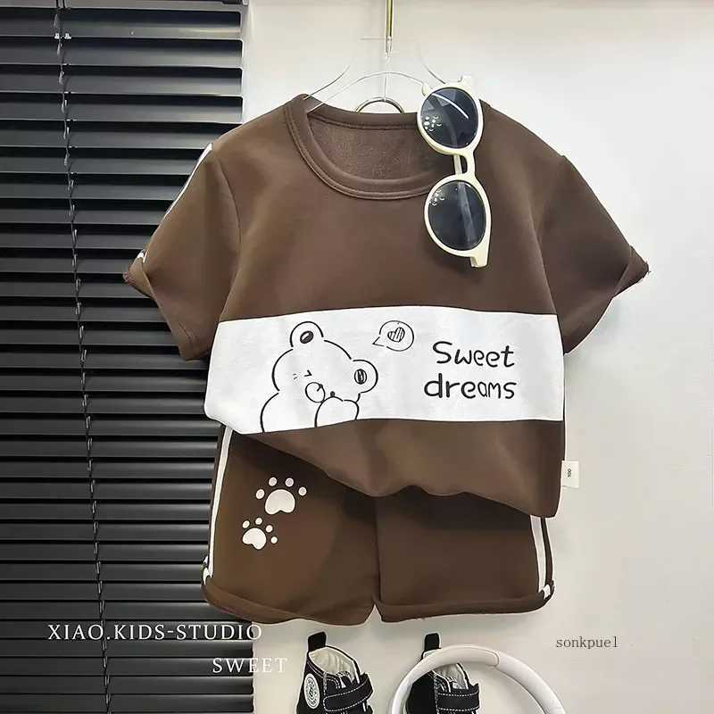 2Pcs Cartoon Bear Childrens Short Sleeve Set Summer Childrens Clothing Boys and Girls Baby Thin Cotton T-shirt Track Set Fashion SetT250327