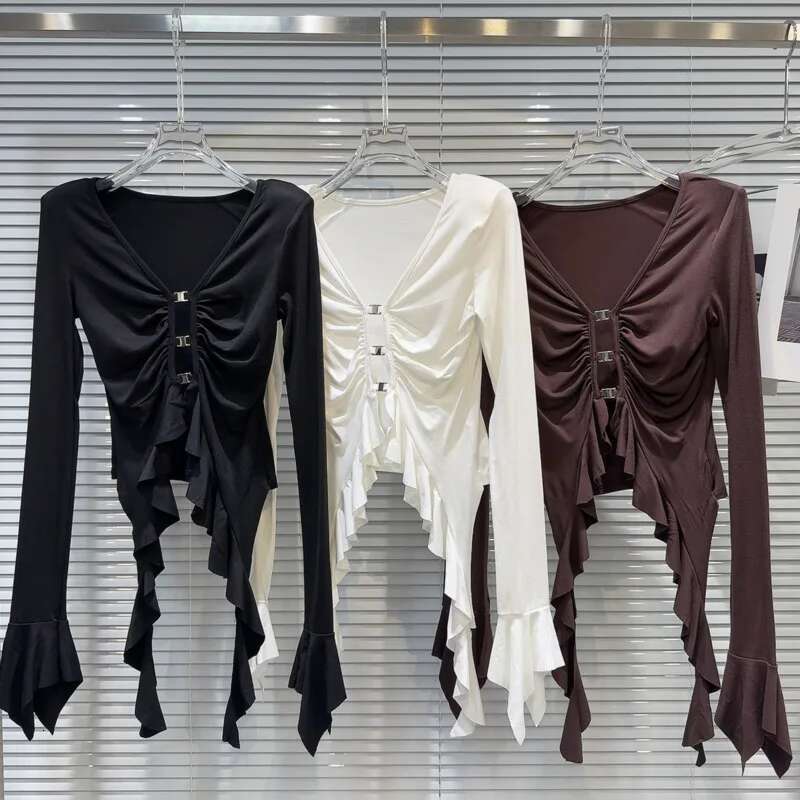 Autumn New Arrival Long Flare Sleeve Metal Buckles Ruffles Tassel Hollow Out Slim T Shirt Women Gs038