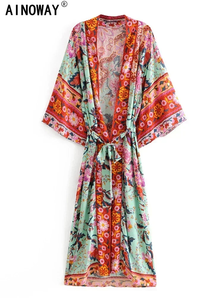 Bohemian Womens Peacock Printed Bat Sleeves Beach Kimono Robe Vneck Tassel Summer Happy Bikini Top 250326