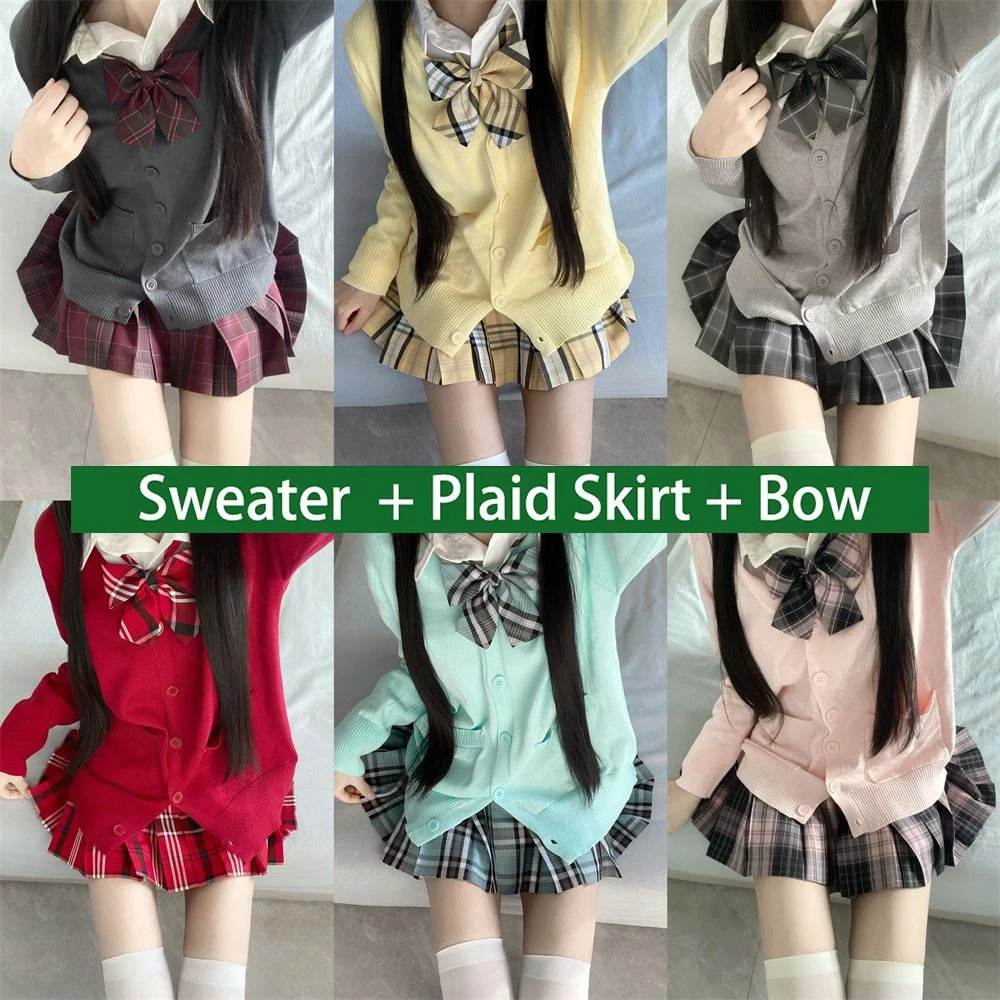 3piece set of multicolor sweaters and plaid skirts for Japanese Korean school uniforms JK uniform with bow graduate clothing 250326