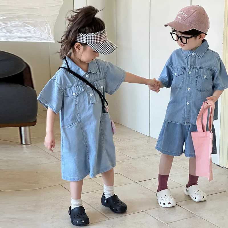 Childrens Clothing 2025 Summer New Boys Denim Set or Girls Dress Casual Brothers and sisters ClothingT250327