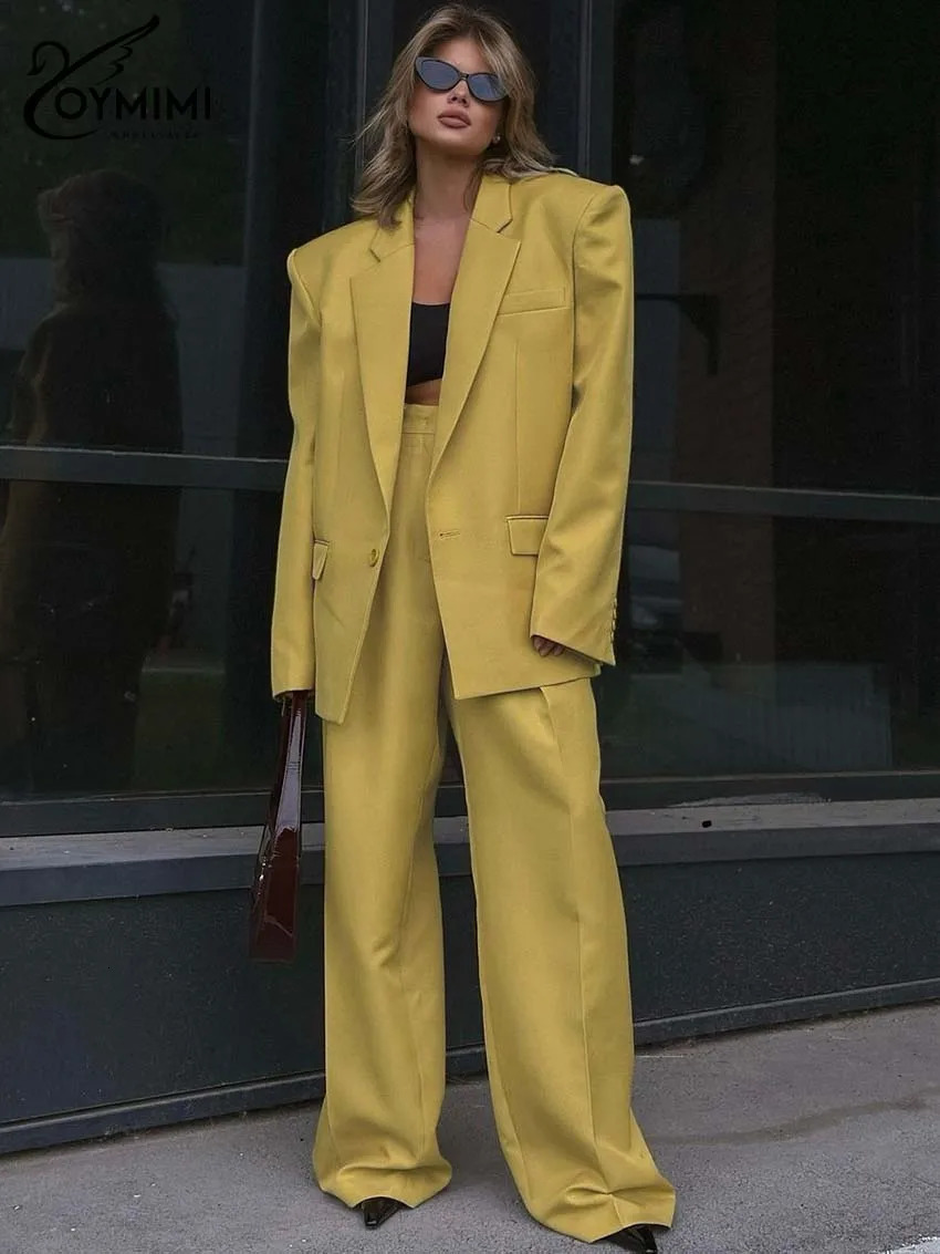 Oymimi Elegant Yellow Set Womens 2piece Fashion Long Sleeve Pocket Single Button Jacket and Simple Straight Trouser 250326