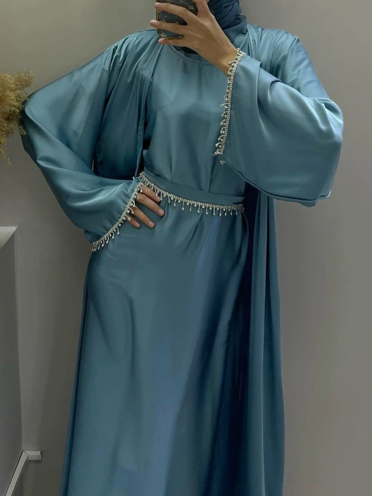 Eid al Fitr Silk Satin Party Abayas Set 2 pieces Ramadan women with diamond chain cardigans Islamic Abaya 250326