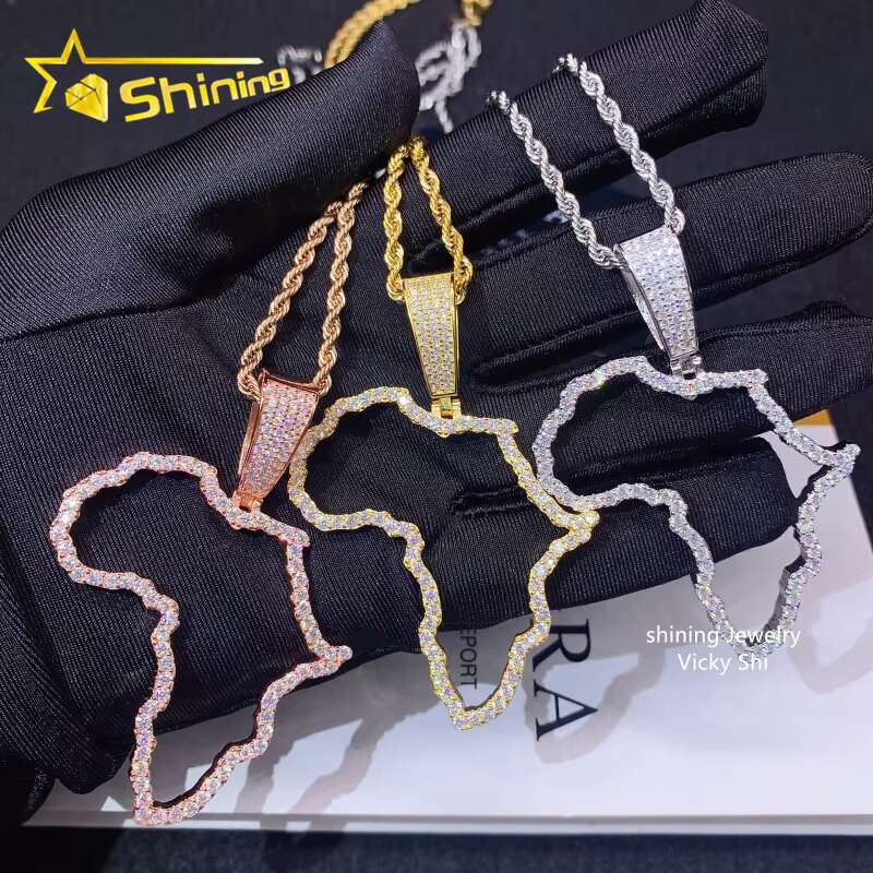 Hot Selling New Design Hip Hop Jewelry S925 Silver Gold Plated VVS Moissanite Diamond Map Pendant for Necklace