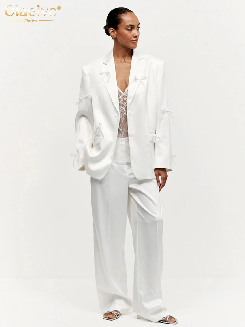 Clacive Fashion Loose White Satin Office 2piece Womens Elegant Long Sleeve Jacket with High Waist Wide Pants Set 250326