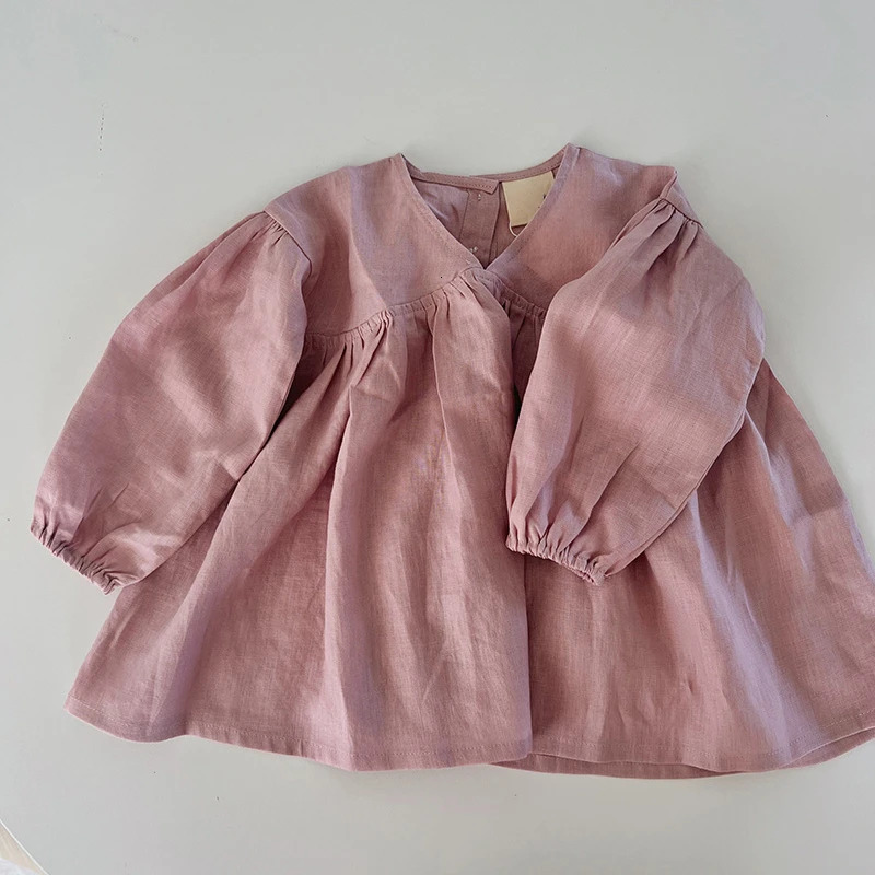 Girls Sweet Bubble Sleeve Linen Dress 2025 Spring Baby Girl Retro Cotton Linen V-Neck Loose Princess Dresses Kids Clothes 250326