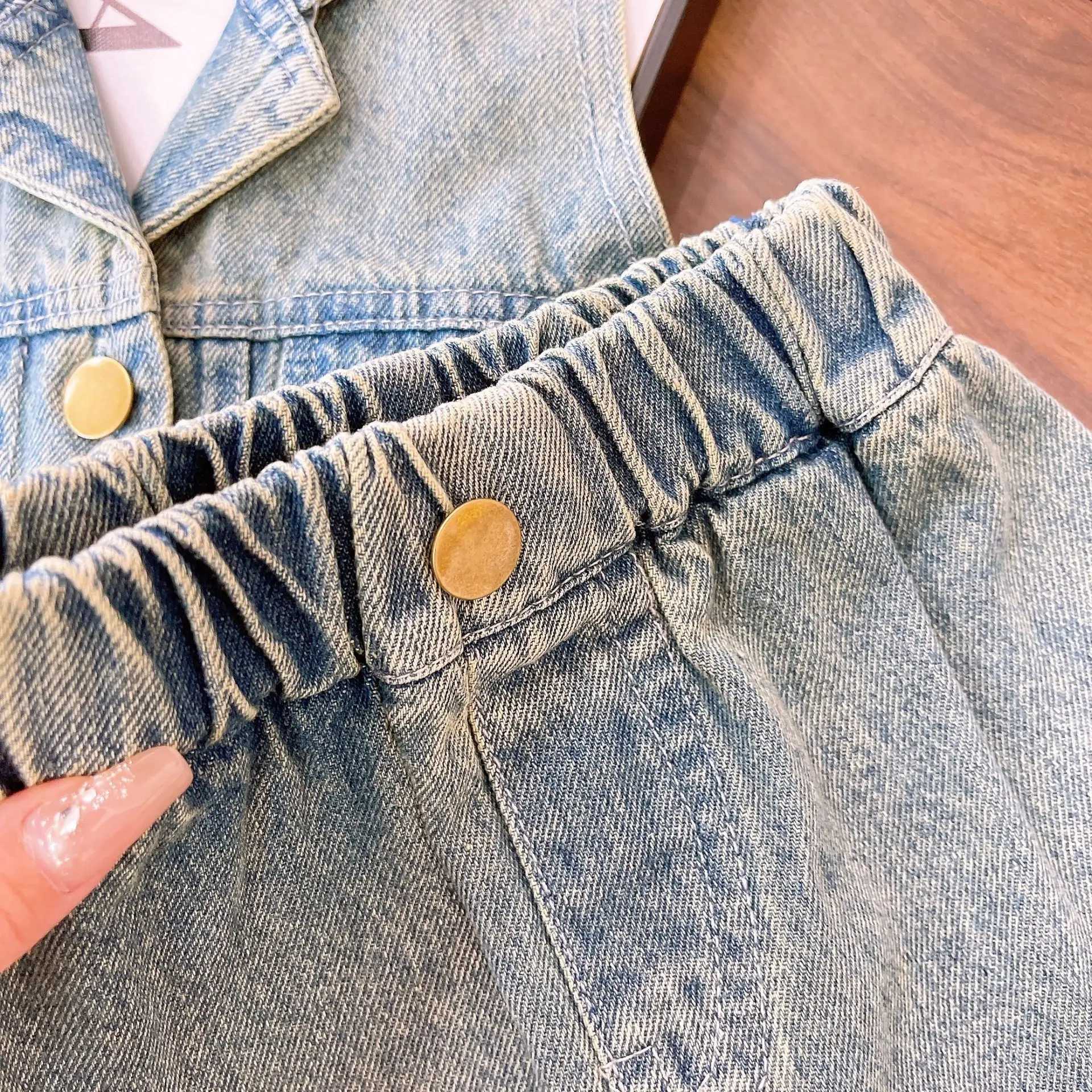 Summer New Girl Denim Set European and American Fashion Pendant Collar V-neck Sleeveless+Denim Short Dress SetT250327