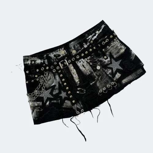 Y2k New Gothic Retro Black Denim Haruku Star Graphic Rhie Rivet Mini Skirt Sexy Hot Girl Slim Low Waist Hip Skirts