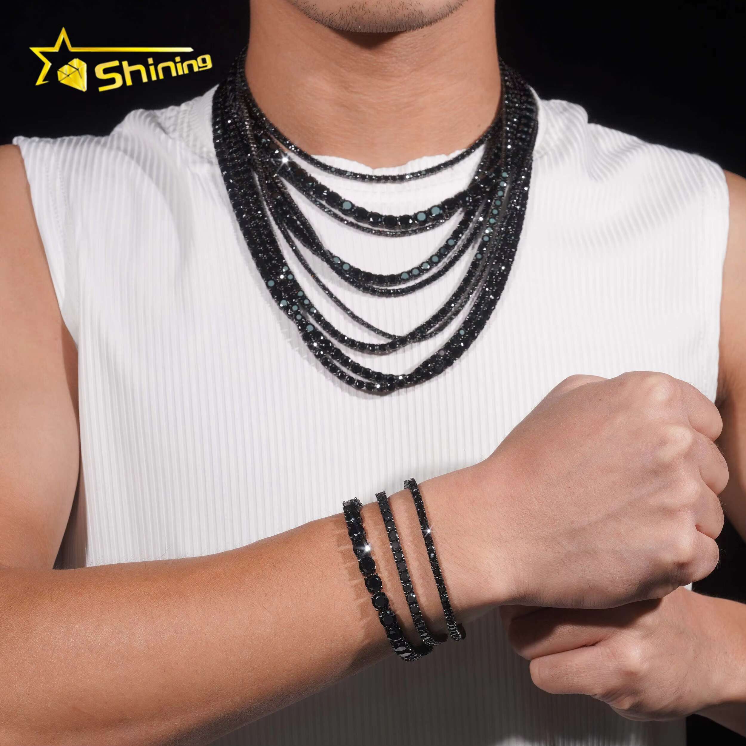 GRA Certificate Double Safety Clasp Hip Hop 925 Silver Black Moissanite Diamond Tennis Chain Bracelet