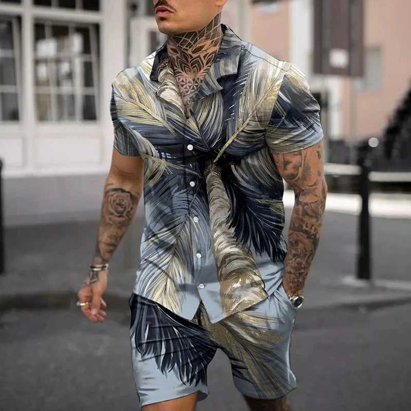 Mens suit printed collar 3D printed short sleeved casual beach shirt ultra-thin 2PCS set vacation Hawaiian mens clothingXJ250326