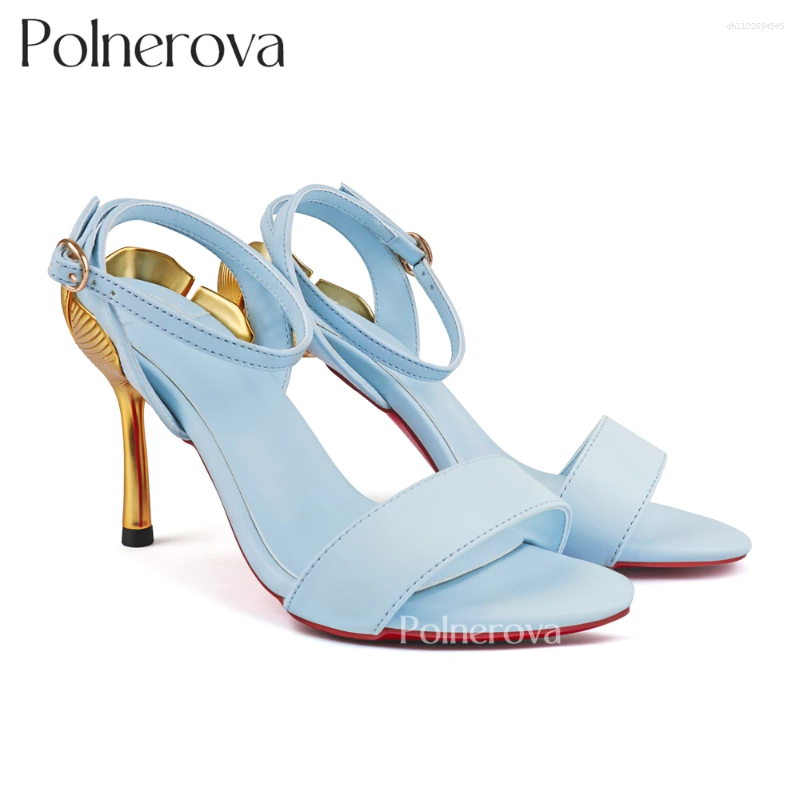 Sandals Metallic Gold Ginkgo Leaf Heel Ankle Strap Open Toe Stilettos Luxury Designer Style Summer Heels Round Women