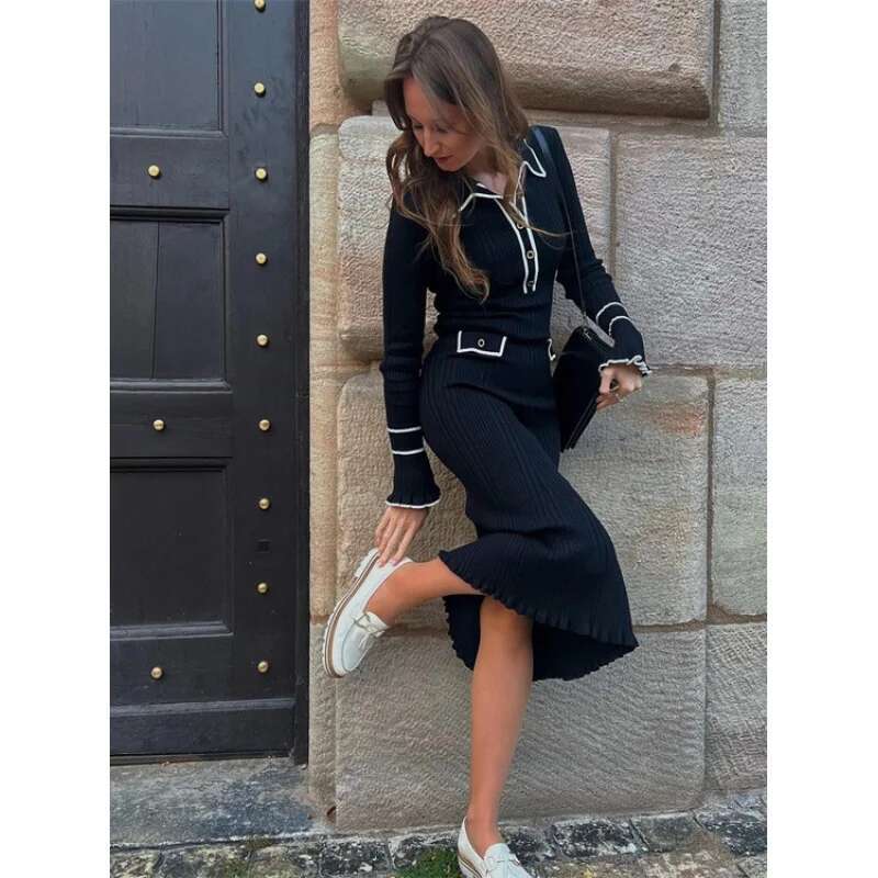 Dongdumaoyi Franse Entry Lux Gebreide Jurk Met Ruches Nieuwe Herfst Winter Trui Revers Strakke Midi C