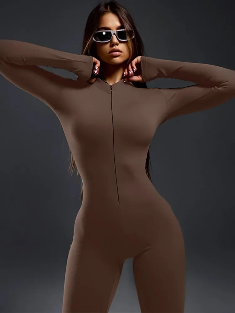 Xiaotang Fashion Long Sleeve Tight Sexy jumpsuit Womens outerwear AutumnWinter Solid Zipper Sports Fitness 250326