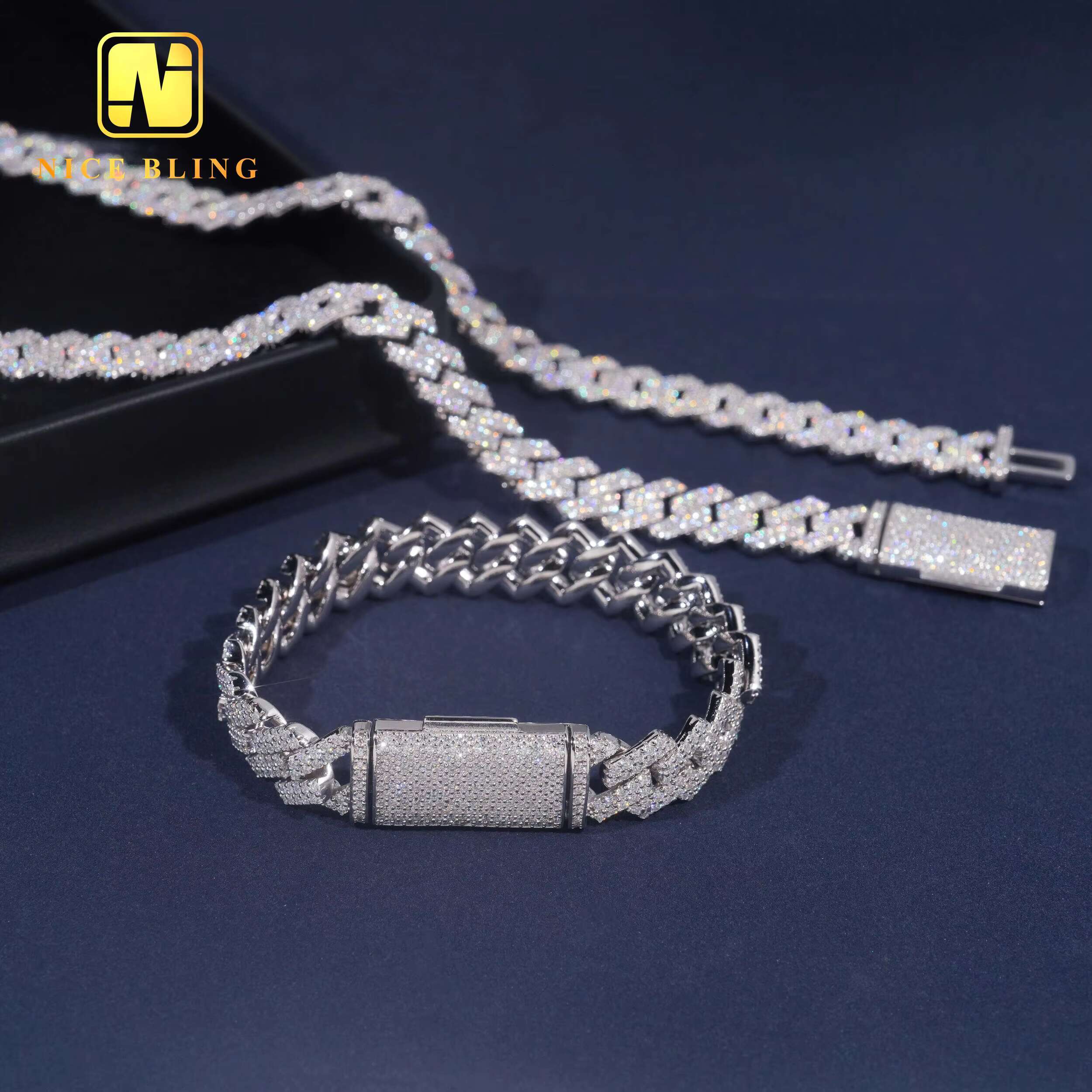 Custom 13mm Hip Hop Jewelry Necklace Iced Out Diamond Cuban Link Chain 925 Sterling Silver Moissanite Necklace Bracelet Men