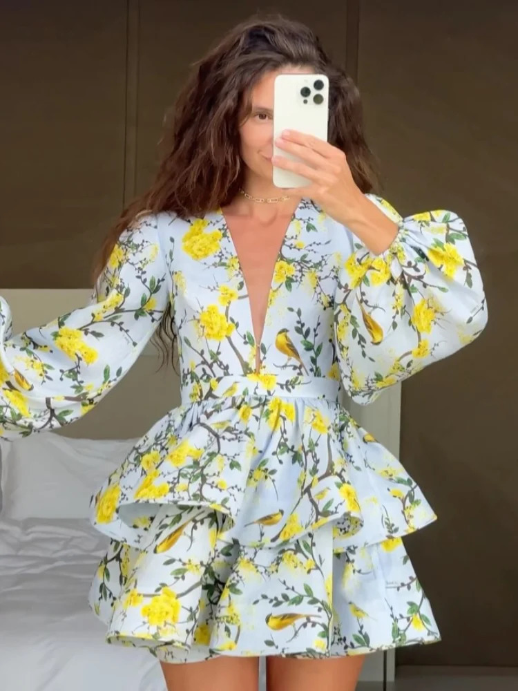 Printed Ruffled Hem Deep V-neck Puffy Dress Long Lantern Sleeve Elegant Vacation Party Short Dresses Colorful Spring Robe 250326