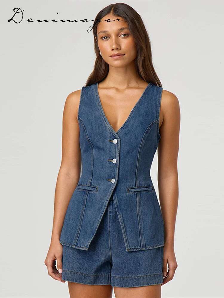 Street Denim Vest Set Women Solid Single Breasted V-Neck Sleeveless Top High Waist Shorts Female Summer Elegant Lady Suits