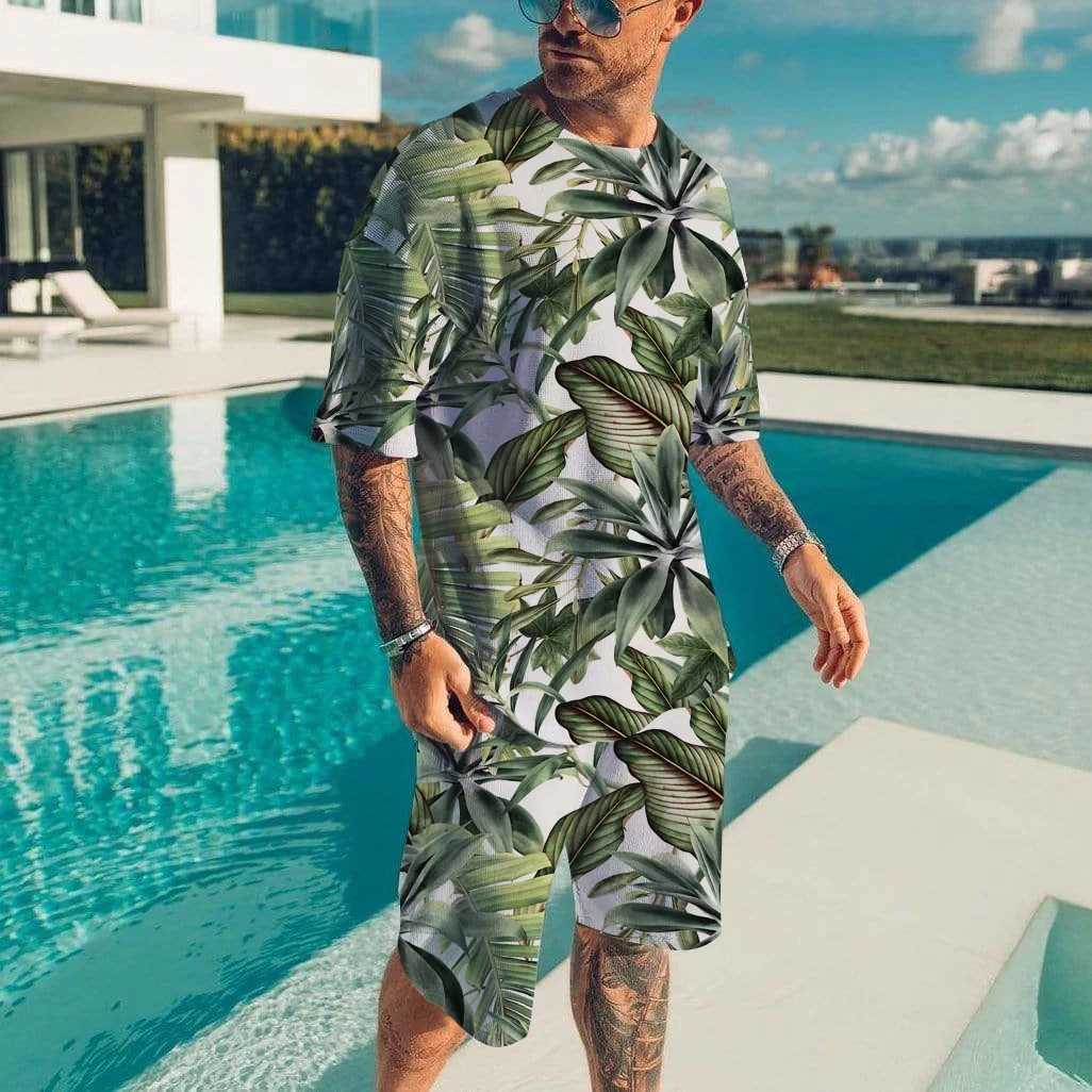 Mens set Hawaii Beach T-shirt two sets of vacation casual beach pants set fashionable all printed T-shirt set new mens T-shirtXJ250326