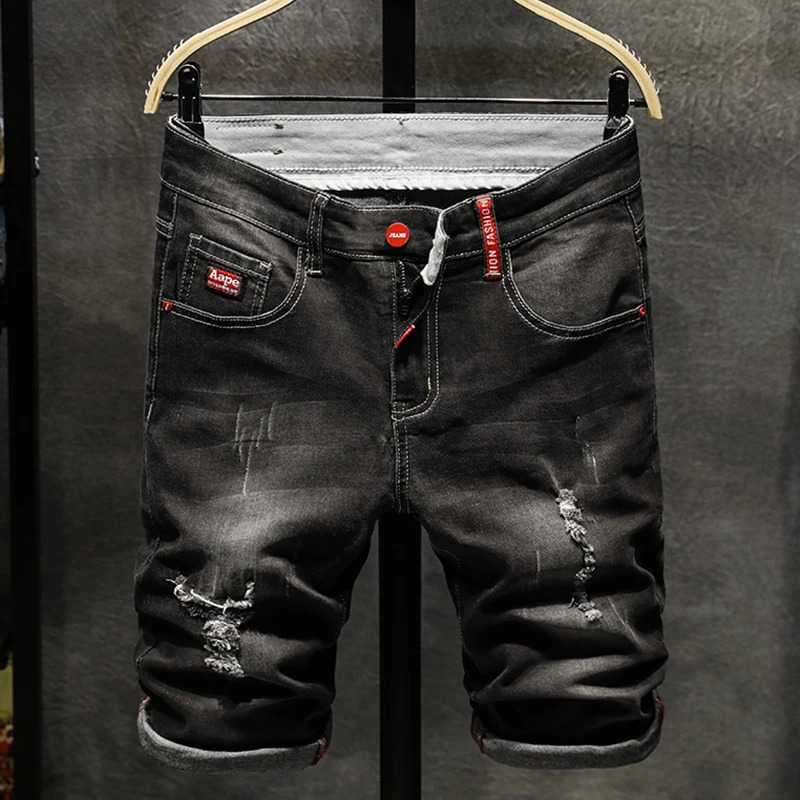 mens thin denim fashion shorts washed slim casual jeans Destroyed Ripped Plus size 250326