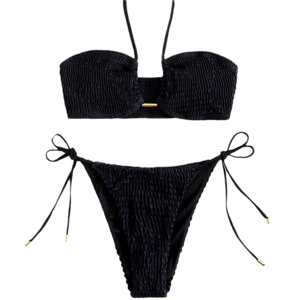Halter Tie Side Pleated Smocked Women Bandeau Swimsuit Female Swimwear Two Pieces Bikini Set Bathing Suit Swim Beach Wear