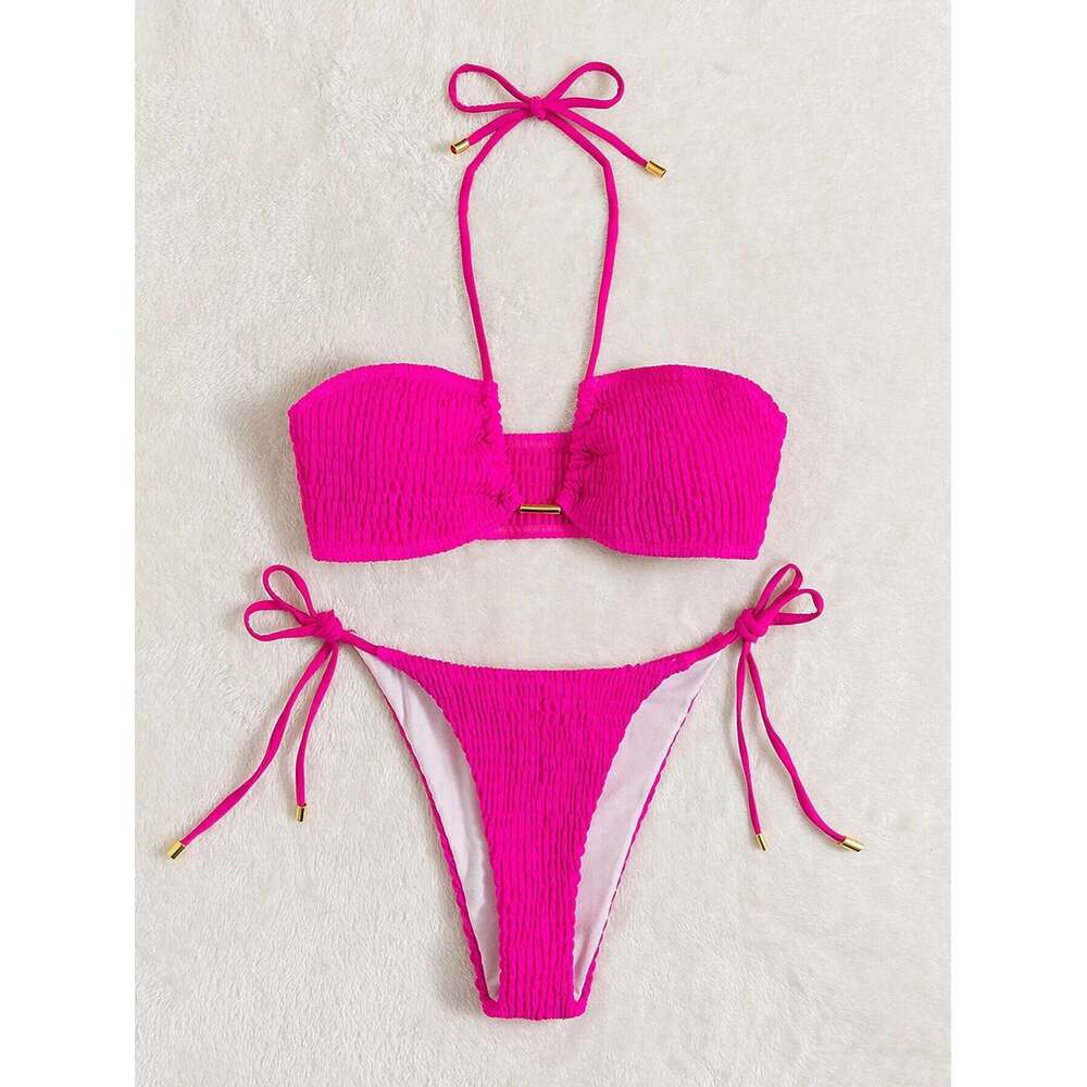 Halter Tie Side Pleated Smocked Women Bandeau Swimsuit Female Swimwear Two Pieces Bikini Set Bathing Suit Swim Beach Wear