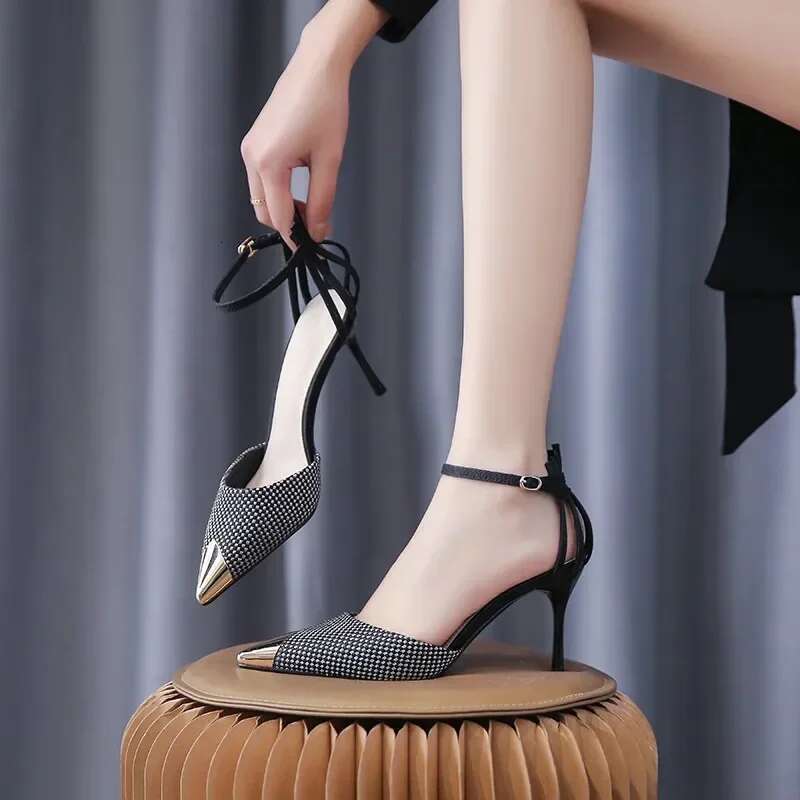 Sandals Metal Pointed Toe Black Thin High Heels for Ladies Trend Slope Heel Shoes Office Outdoor and Indoor Pumps