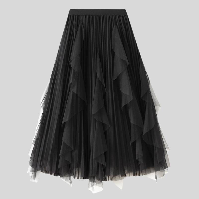 Spring new high-waisted lotus leaf edge splicing mesh skirt women's medium and long big pendulum pleated skirt