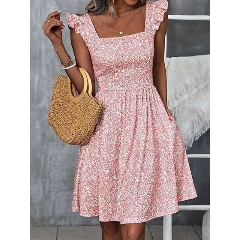 Dongdumaoyi Jurk Met Bloemenprint Vierkante Hals En Opgestikte Zakken Elegante Jurk Ruchemouwen Taille Ruches Voor Lente Zomer WD