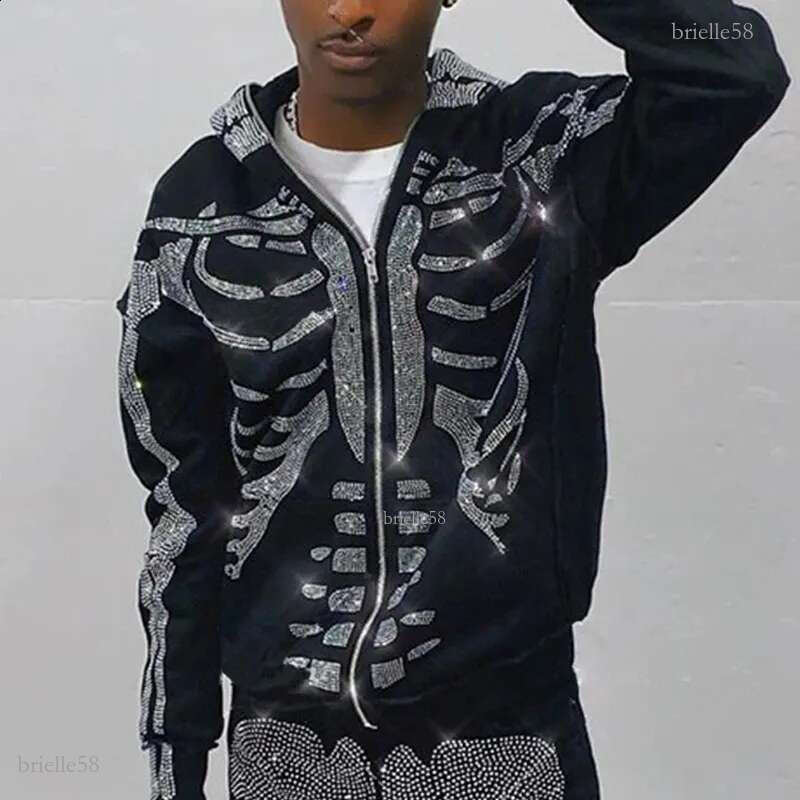 Men's Hoodies Grunge Y2k Clothing Rhinestone Skeleton Men's Hooded Gothic Full Zip Top Punk Jacket Sweatshirt Sudaderas 2022 Autumn/Winter 2