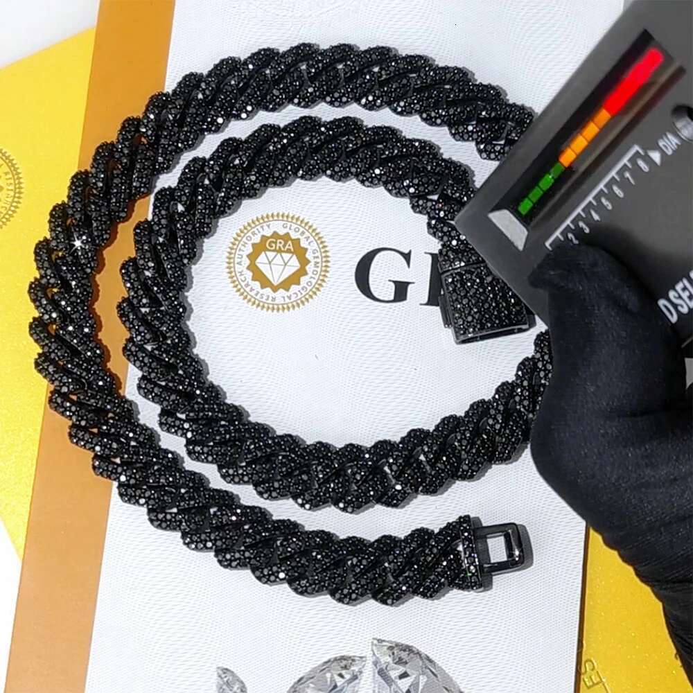 Black Plated 925 Silver VVS Black Moissanite Pass Diamond Tester Cuban Chain Hip Hop 10/12mm 2 rows Rhomboid Necklace