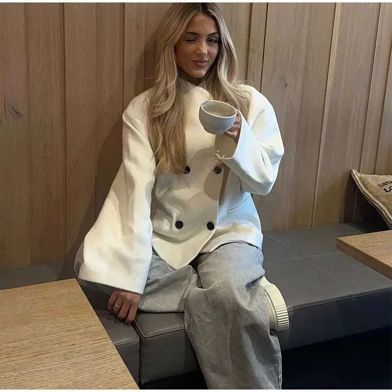 Women's Coat Elegant Solid Woolen Coat Women Double Breasted Loose Stand Collar Jacket Autumn Temperament Thick Warm Office Outerwear